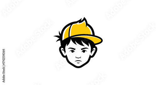 Illustration of a serious young boy wearing a yellow baseball cap with a determined expression