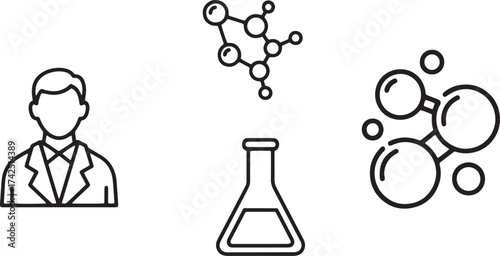 Scientific Research Concept: Thin Line Vector Icons Featuring a Scientist in a Lab Coat, Erlenmeyer Flask, and Complex Molecular Structures