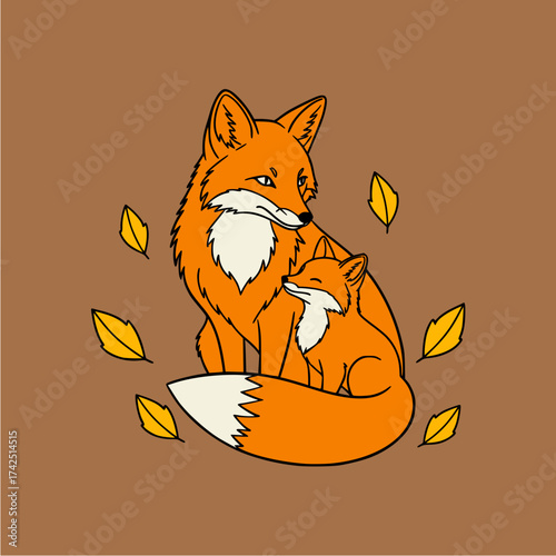 A heartwarming illustration of a mother fox and her cub sharing a tender moment, surrounded by falling autumn leaves