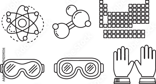Chemistry, Physics, and Safety: Outline Vector Icons Set Featuring Atomic Structure, Molecules, Periodic Table, and Lab Protective Gear