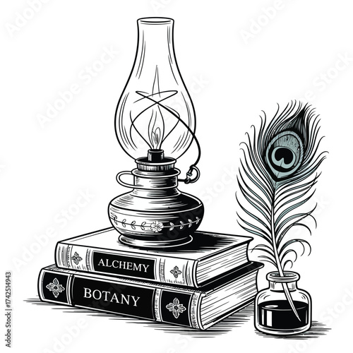 Detailed black and white line drawing of antique oil lamp books and peacock feather for vector graphics vector