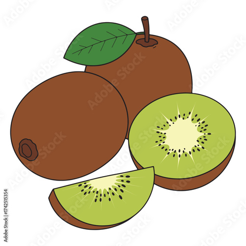 Fresh kiwi fruit illustration, a whole and sliced tropical fruit with green flesh and black seeds, perfect for healthy eating and recipes