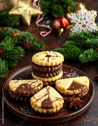 Festive cookies on a plate with holiday decor