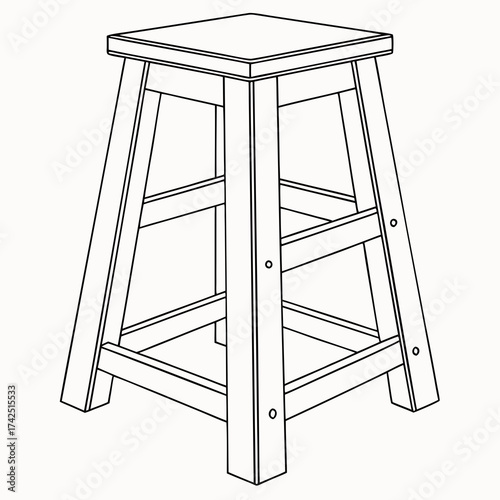 A simple line drawing of a wooden stool with a square seat and four legs connected by crossbars