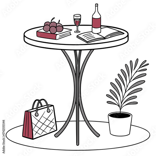 A still life illustration of a round table with a book grapes wine glass and bottle next to a shopping bag and potted plant