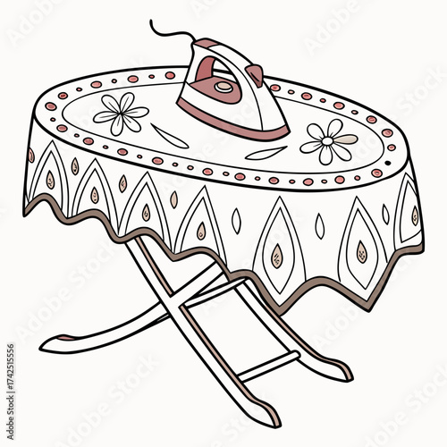 A stylized illustration of a pink iron resting on a decorated ironing board with a floral pattern