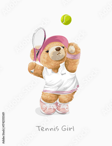 cute girly bear doll tennis player vector illustration - created by hand drawn