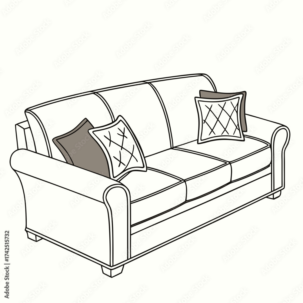 Obraz premium Classic three seater sofa with decorative throw pillows in a simple line drawing style