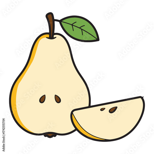 A simple, clean illustration of a ripe pear fruit, sliced to reveal its seeds and texture, presented with a leaf