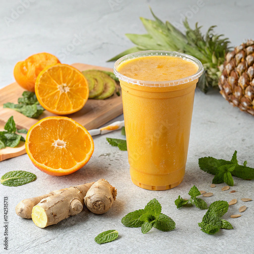 Healthy Orange Pineapple Ginger Smoothie in Plastic Cup Surrounded by Fresh Ingredients and Mint


