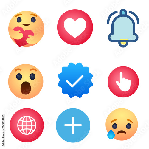 Collection of social media icons and emojis for engagement and communication