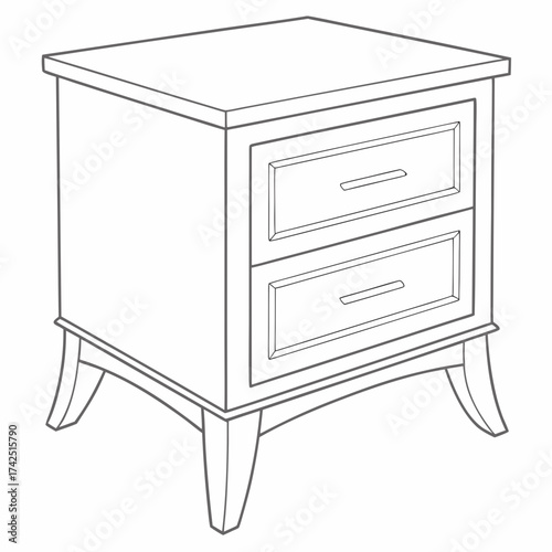 Clean line art illustration of a modern two drawer nightstand with tapered legs