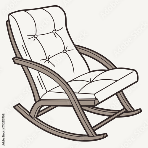 Comfortable upholstered rocking chair with tufted cushions and curved wooden frame on a plain background