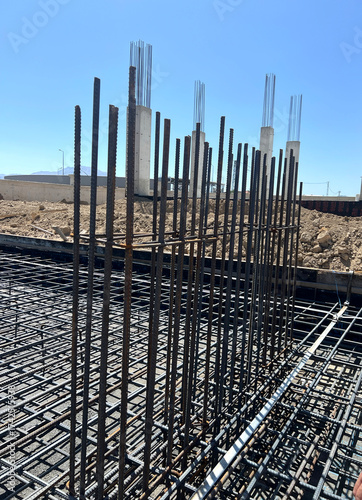 Reinforced concrete system rebar binding, close-up.