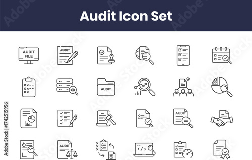  Audit icon set with financial report, compliance, inspection, document review, risk management, checklist, data analysis, certification, accounting, governance with transparent background