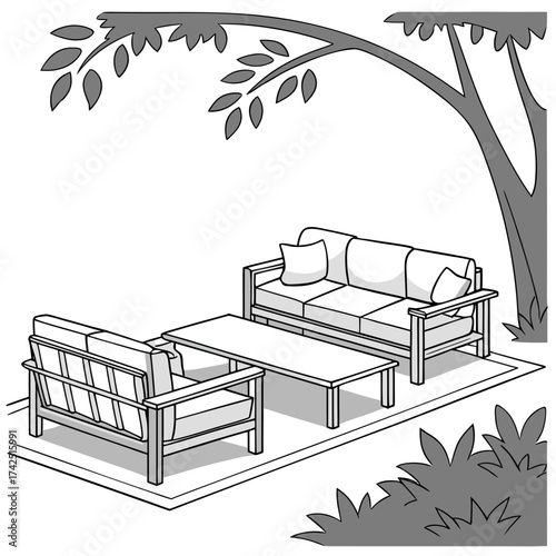 Cozy outdoor seating area with sofa and chair under a large tree and leafy branches