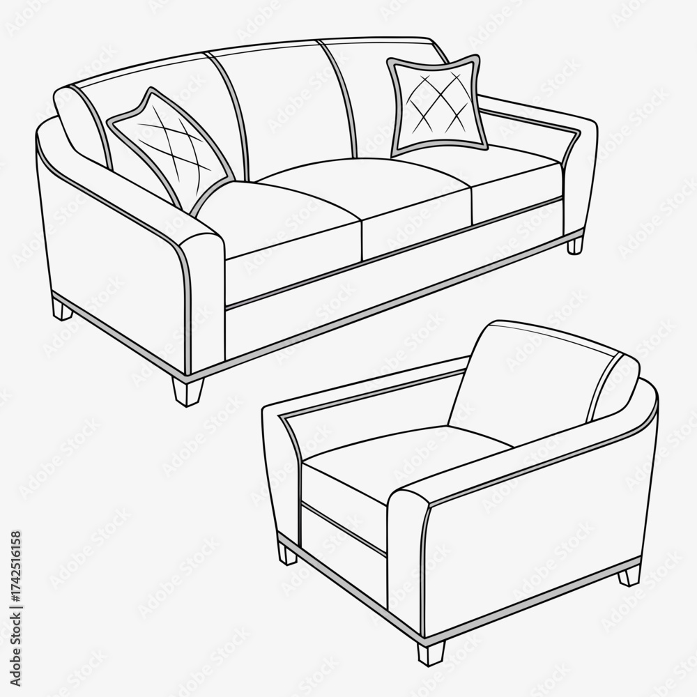 Obraz premium Elegant line drawing of a modern sofa and armchair with decorative throw pillows on a white background