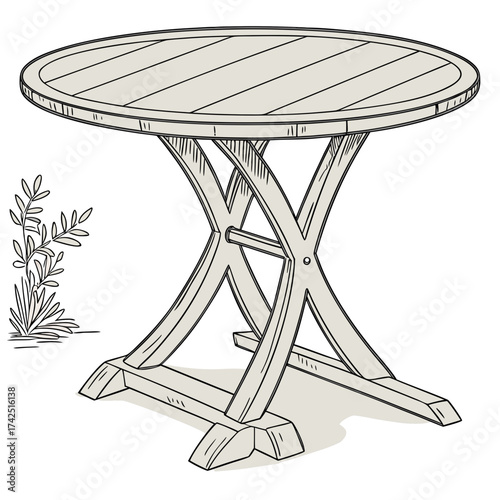 Elegant light gray round wooden table with a distinctive x shaped base and a small plant on the side
