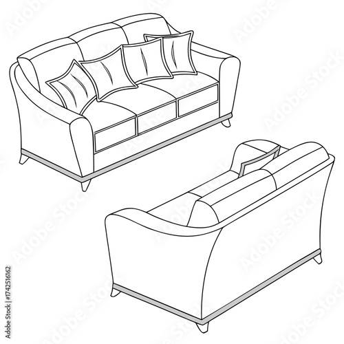 Elegant line drawing of a classic sofa with decorative pillows shown from two different angles