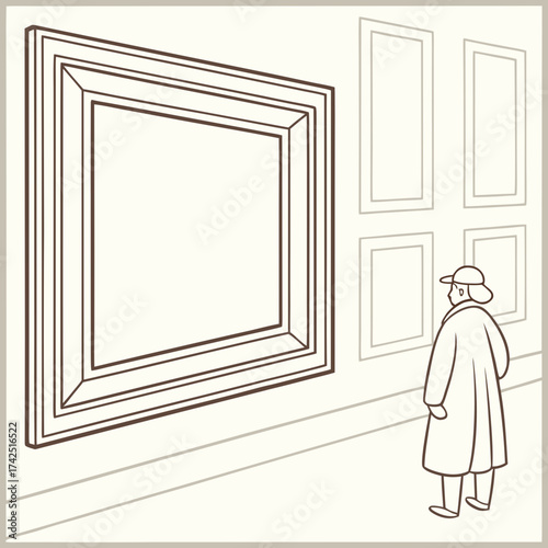 Lone figure in a hat and coat contemplates a large empty picture frame in an art gallery