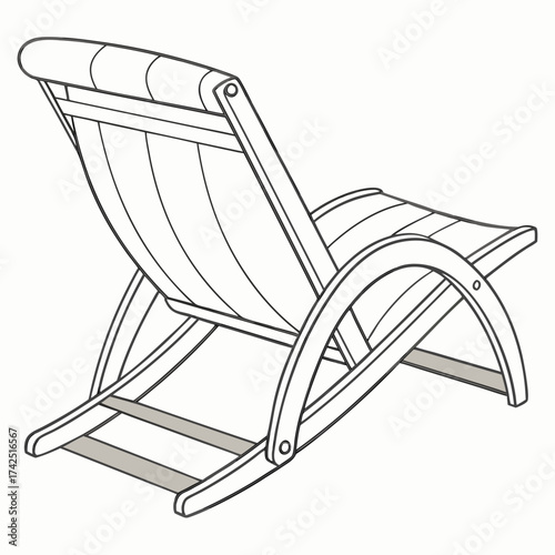 Minimalist line drawing of a modern wooden deck chair with a striped fabric seat and adjustable backrest