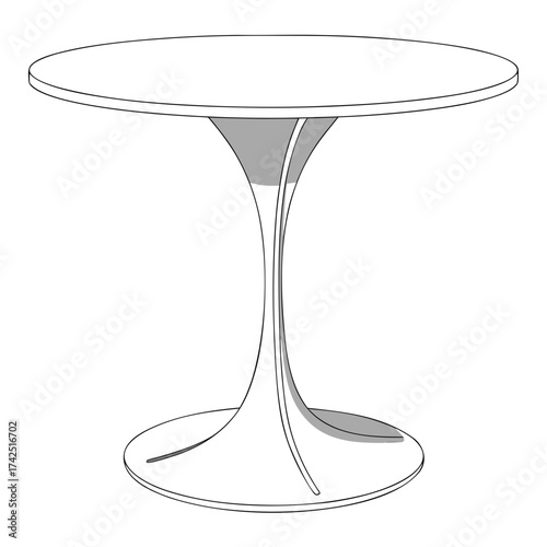 Modern minimalist round dining table with a single pedestal base and subtle shading
