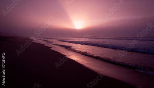Ethereal Beach Sunset with Pink Hues and Gentle Waves at Dusk