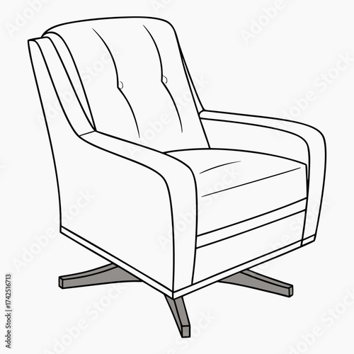 Modern upholstered armchair with a tufted back and a swivel base on a white background