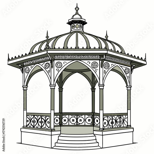 Ornate victorian style bandstand with decorative arches and a domed roof on a white background