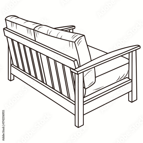 Simple line drawing of a wooden sofa with plush cushions viewed from the back