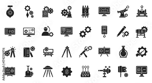 A comprehensive collection of engineering and scientific vector icons depicting innovation