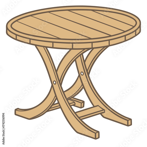 Simple wooden folding table with an oval top and x shaped legs isolated on white background
