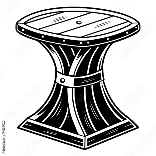 Stylized black and white illustration of a wooden barrel or stool with a ribbed base and plank top