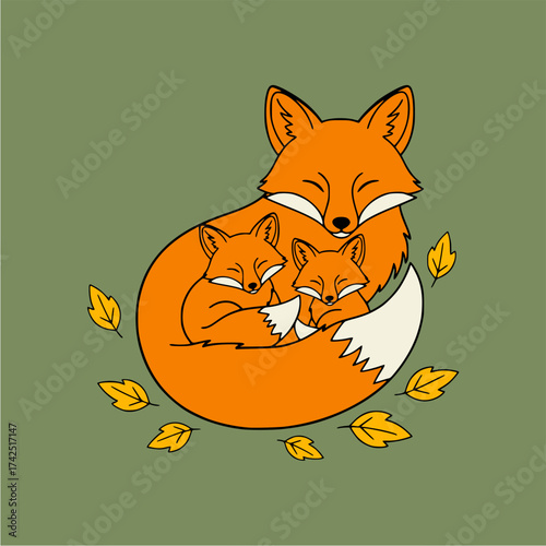 A loving mother fox tenderly embraces her two sleeping kits, a heartwarming illustration of family and autumn coziness