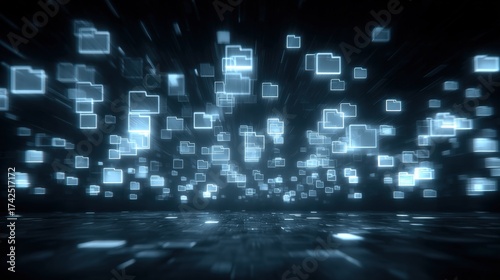 Abstract network grid with files and folders, futuristic software interface, digital document management system, store, search and organize documents, corporate business, paperless office	
