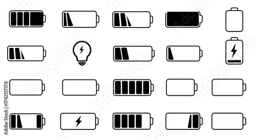 Battery charge level indicators and light bulb representing energy or power solutions