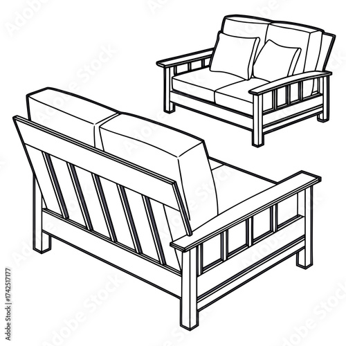 Two views of a modern wooden loveseat with cushions and pillows presented as a clean line drawing illustration