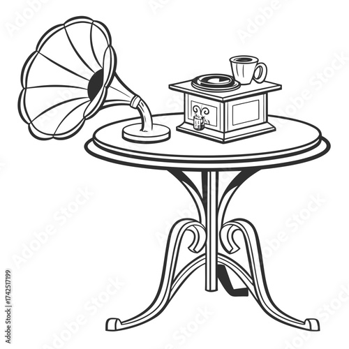 Vintage gramophone and coffee cup on a decorative table a nostalgic scene of past entertainment and relaxation