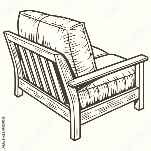Vintage style wooden armchair with plush cushions hand drawn illustration isolated on white background