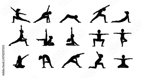 Black silhouette of woman doing yoga poses for health and fitness concept