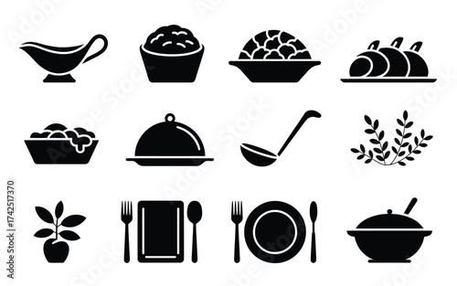 12 vector icons gravy boat mashed potatoes roast chicken food platter utensils plant dish collection silhouette vector illustration white background