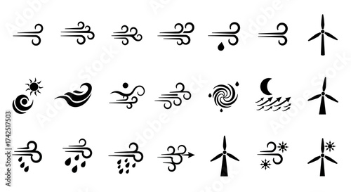Collection of black wind icons representing weather patterns and wind power sources