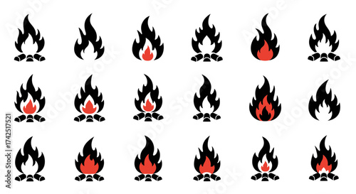 Collection of bonfire icons in simple black and red colors on white background