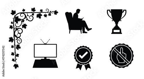 A collection of black silhouette icons chair trophy tv and more