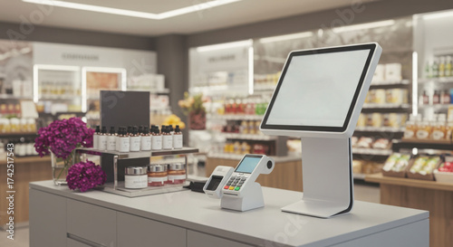 An automated checkout system with a touchscreen in a modern boutique.