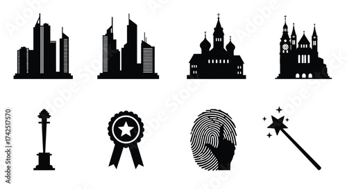 A collection of black silhouette icons depicting buildings objects and symbols