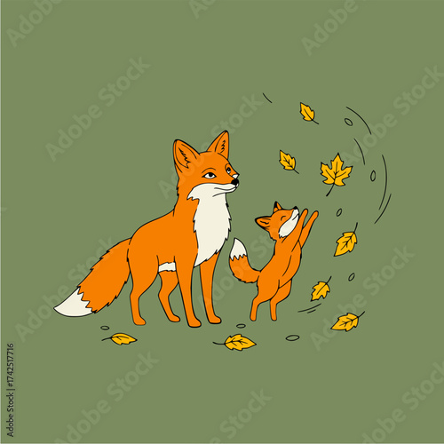 An endearing illustration of a mother fox and her playful cub enjoying falling autumn leaves, capturing the warmth of family bonds and the vibrant spirit of the fall season