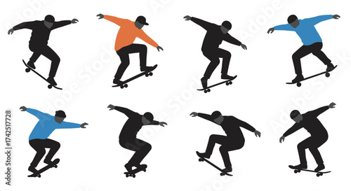 Silhouettes of skateboarders performing various tricks and poses on skateboards