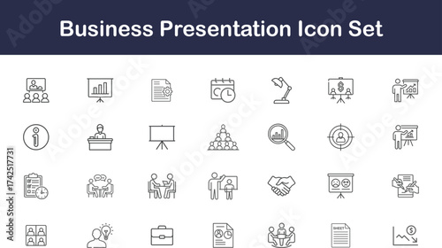 Business presentation icon set with thin line black outline style including meeting, teamwork, chart, report, and analytics symbols with transparent background