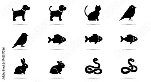 Collection of minimalist animal icons featuring dog, cat, bird, fish, rabbit and snake